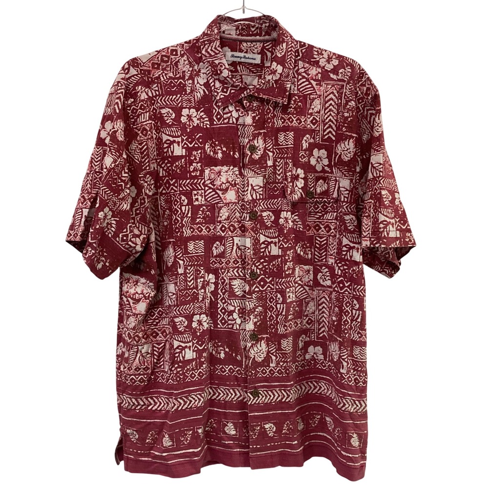 Tommy Bahama IslandZone Silk Blend Red Tropical Batik Print Shirt‎ Mens Large L